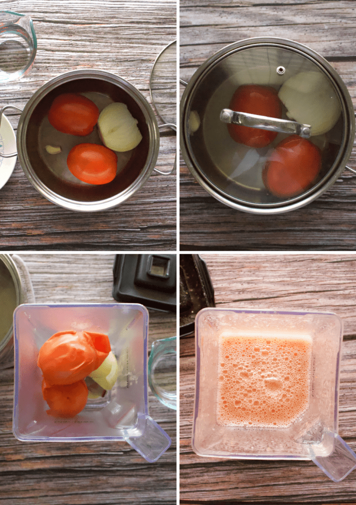 Boiling the ingredients to make the tomato sauce then blending them in a blender.