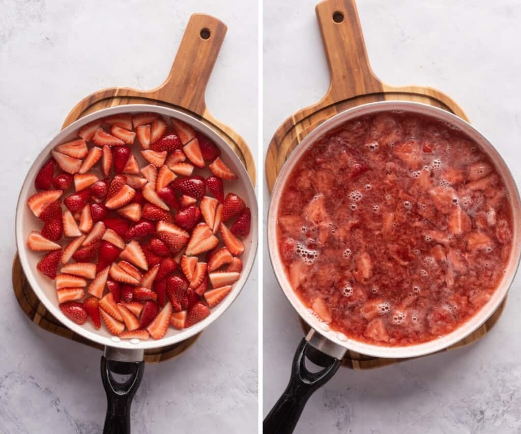 Making the strawberry syrup in a stock pot.