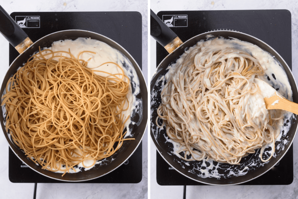 Mixing cooked spaghetti into the creamy sauce