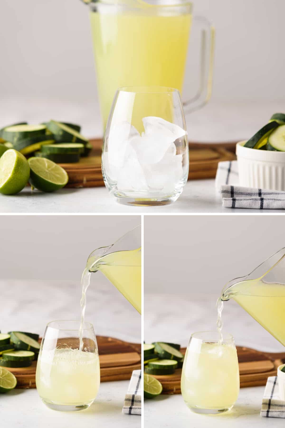 A pitcher pouring agua de pepino in a glass with ice.