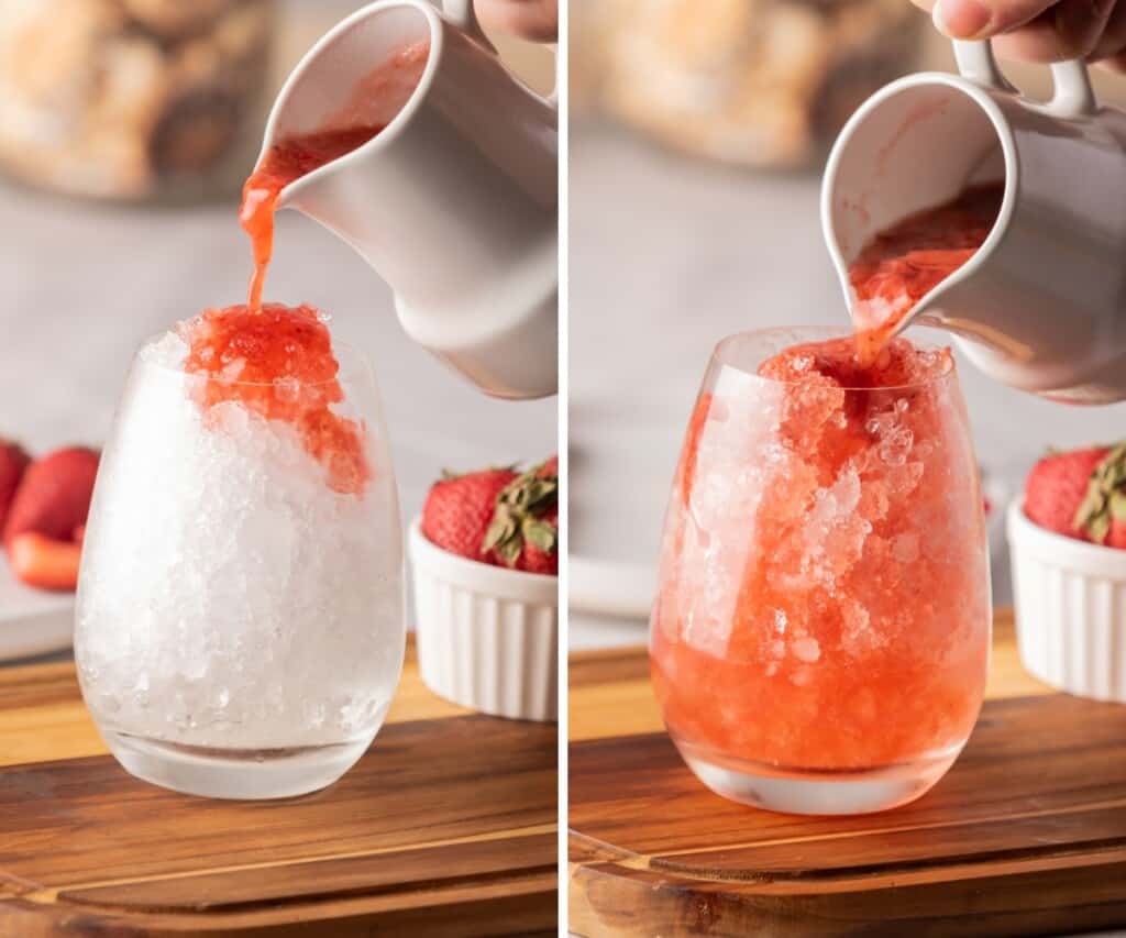 Pouring the strawberry syrup over the ice.