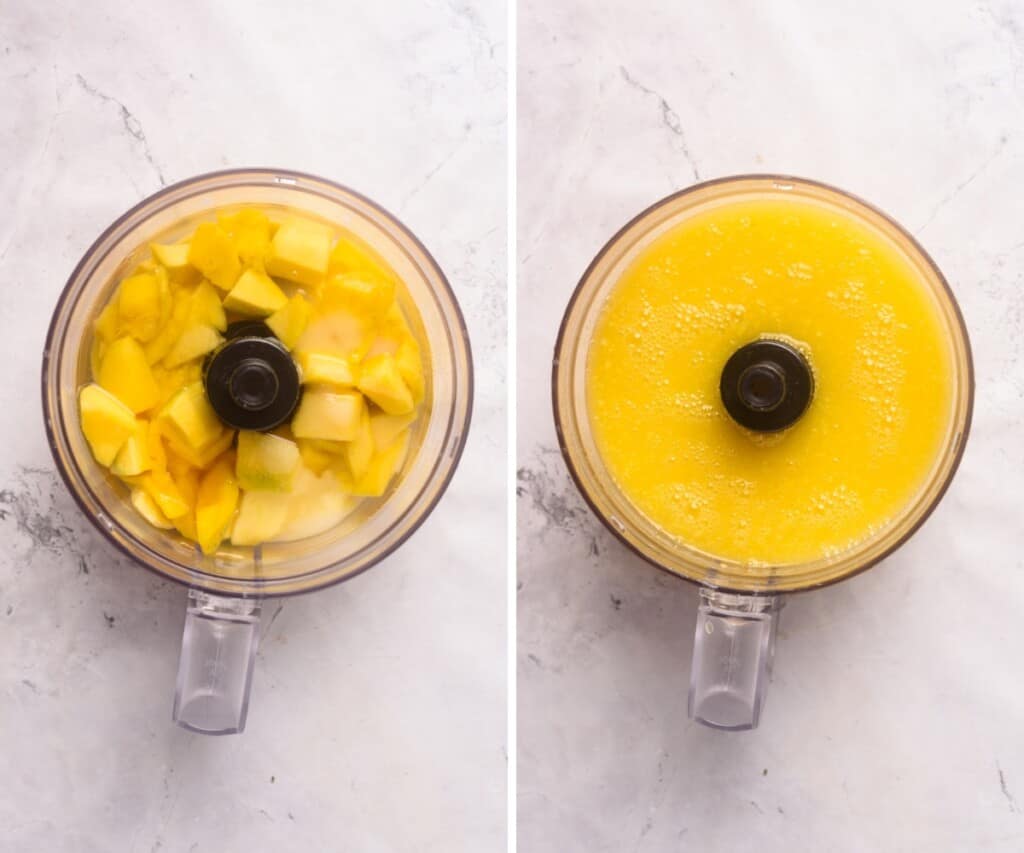 Blending mango, water, and sugar in a food processor.