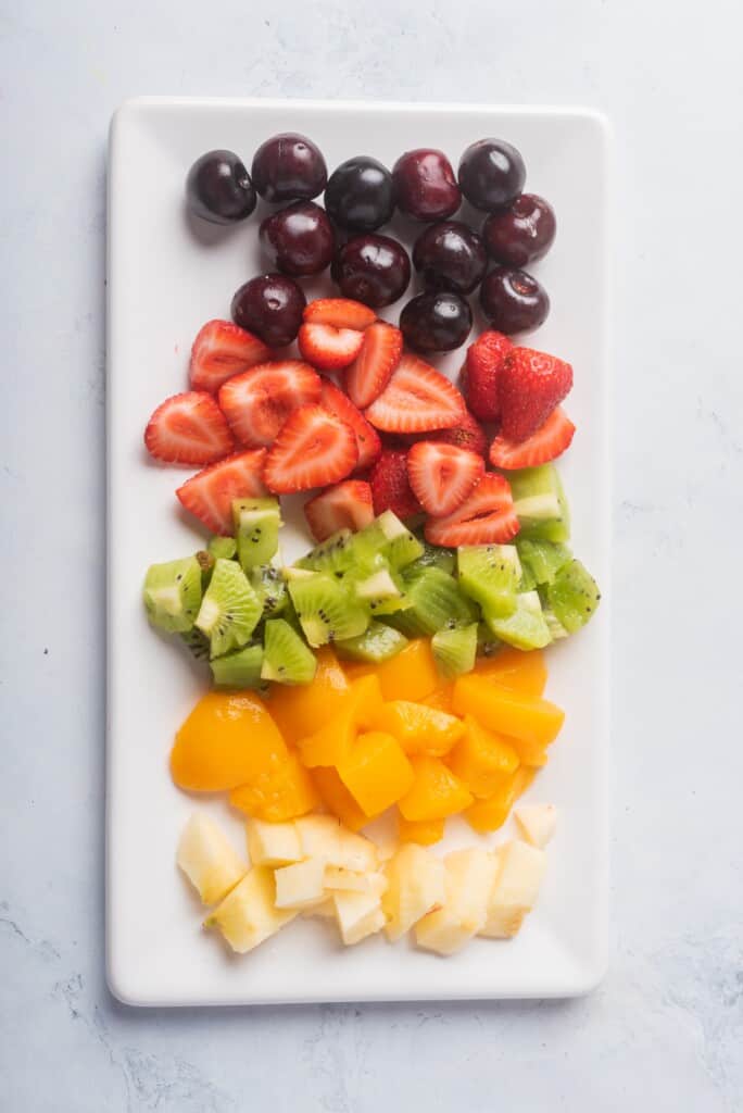 Diced fruits sitting on a large white plate.