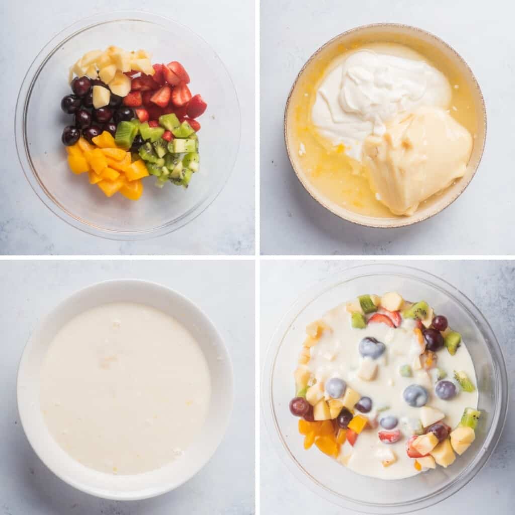 Mixing diced fruits with the creamy sauce to make the creamy fruit salad.