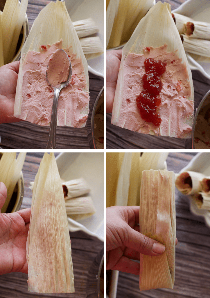 A collage showing how to assemble strawberry tamales.