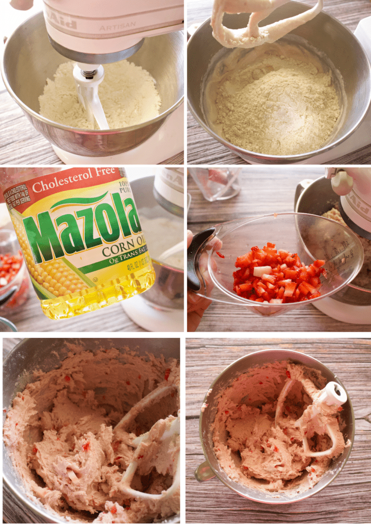 A collage showing how to make the filling for strawberry tamales.
