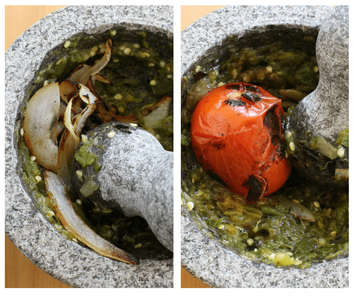 The tomatoes and onions added to a Mexican mortar and pestle.