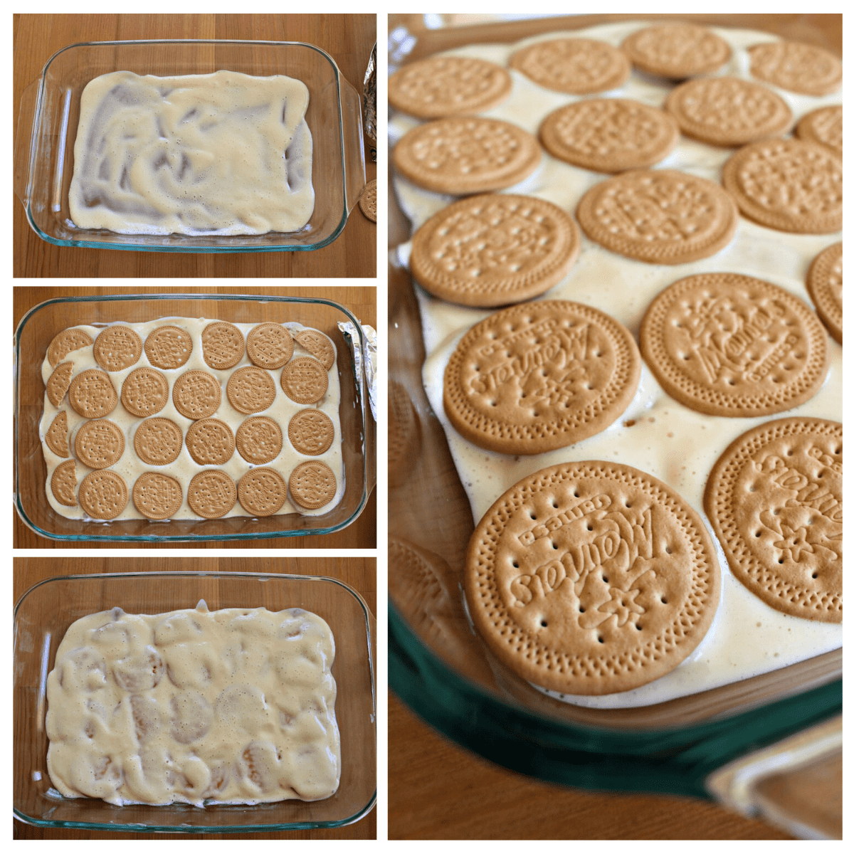 A collage showing how to layer the cookies and creamy mixture in a baking dish.