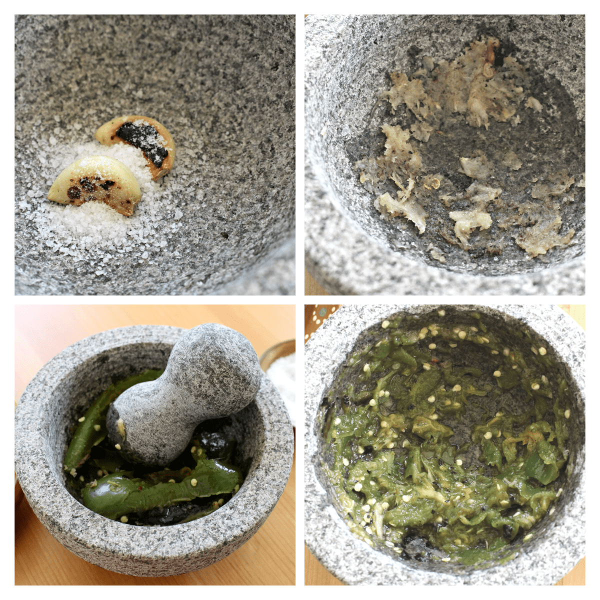 A collage showing how to mash garlic and jalapenos in a molcajete.