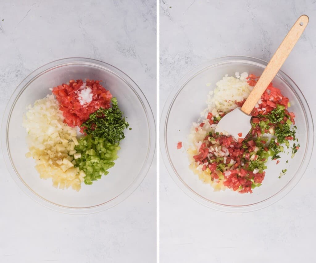 Mixing the salsa ingredients in a large glass bowl.