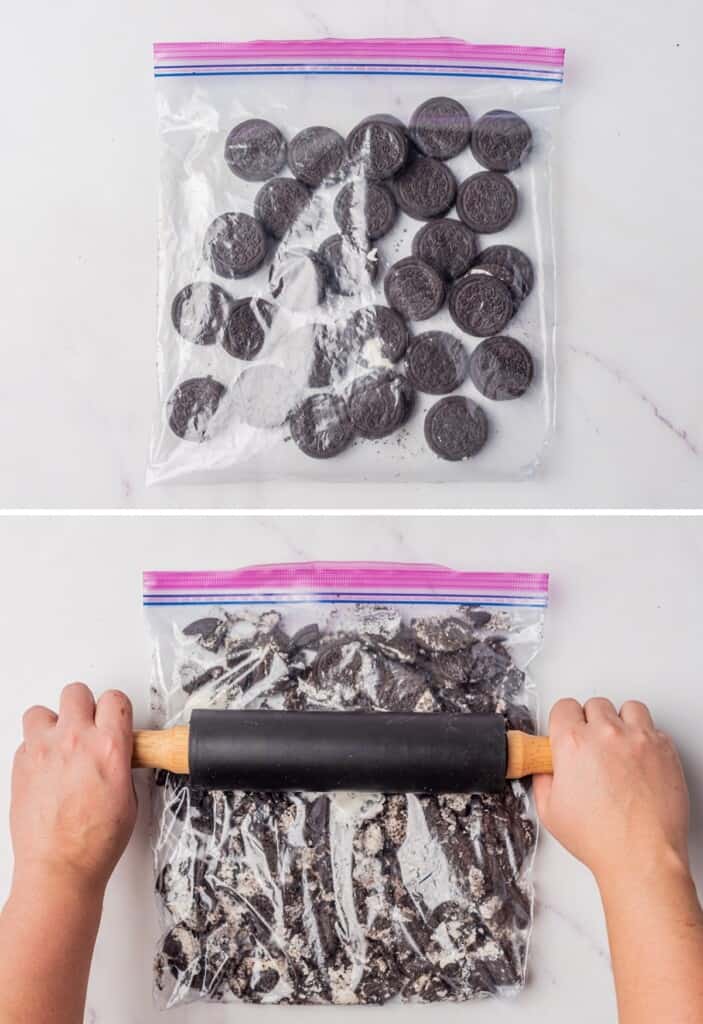 Crushing Oreo cookies in a ziploc bag using a rolling pin.
