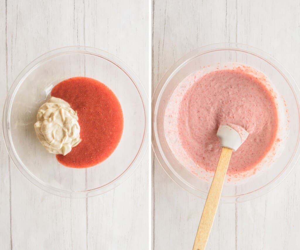 Mixing yogurt with the blended strawberries in a large glass bowl