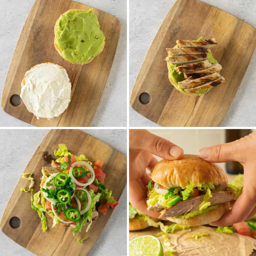 An instructional collage showing how to assemble a carne asada sandwich.
