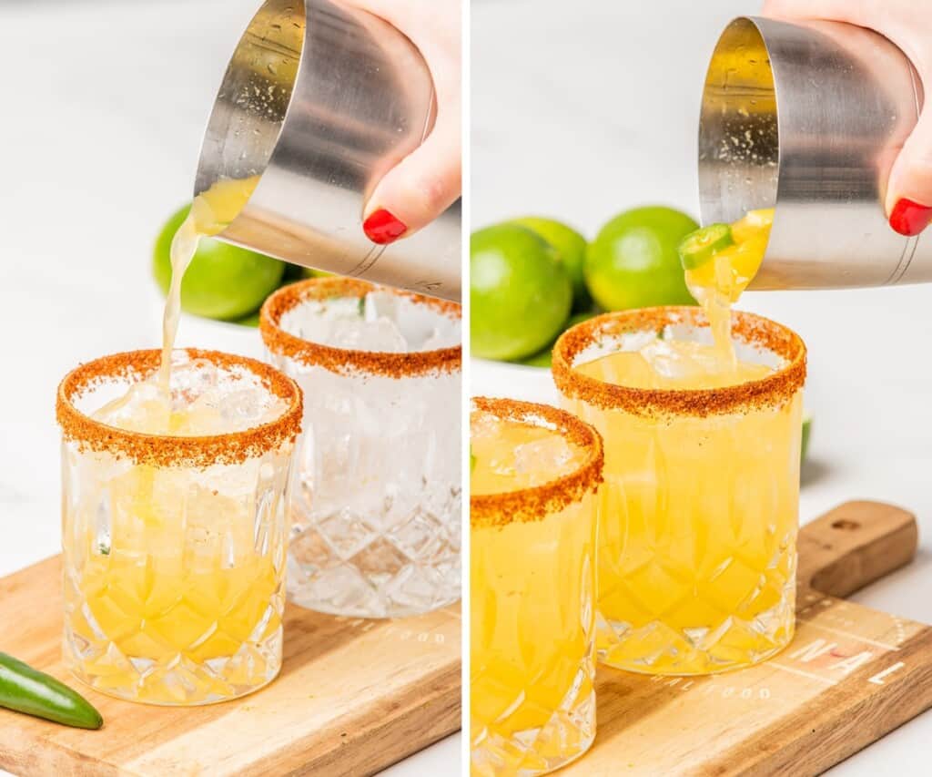 Pouring Spicy Mango Margarita into prepared cocktail glasses.