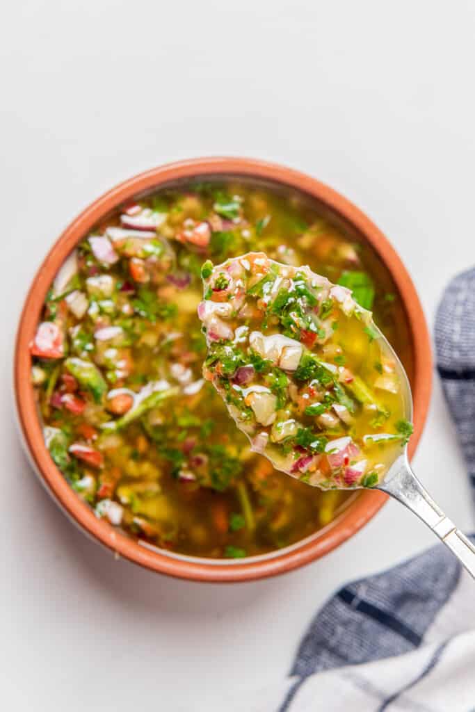 A spoonful of cilantro chimichurri over a bowl of the fresh herb sauce.