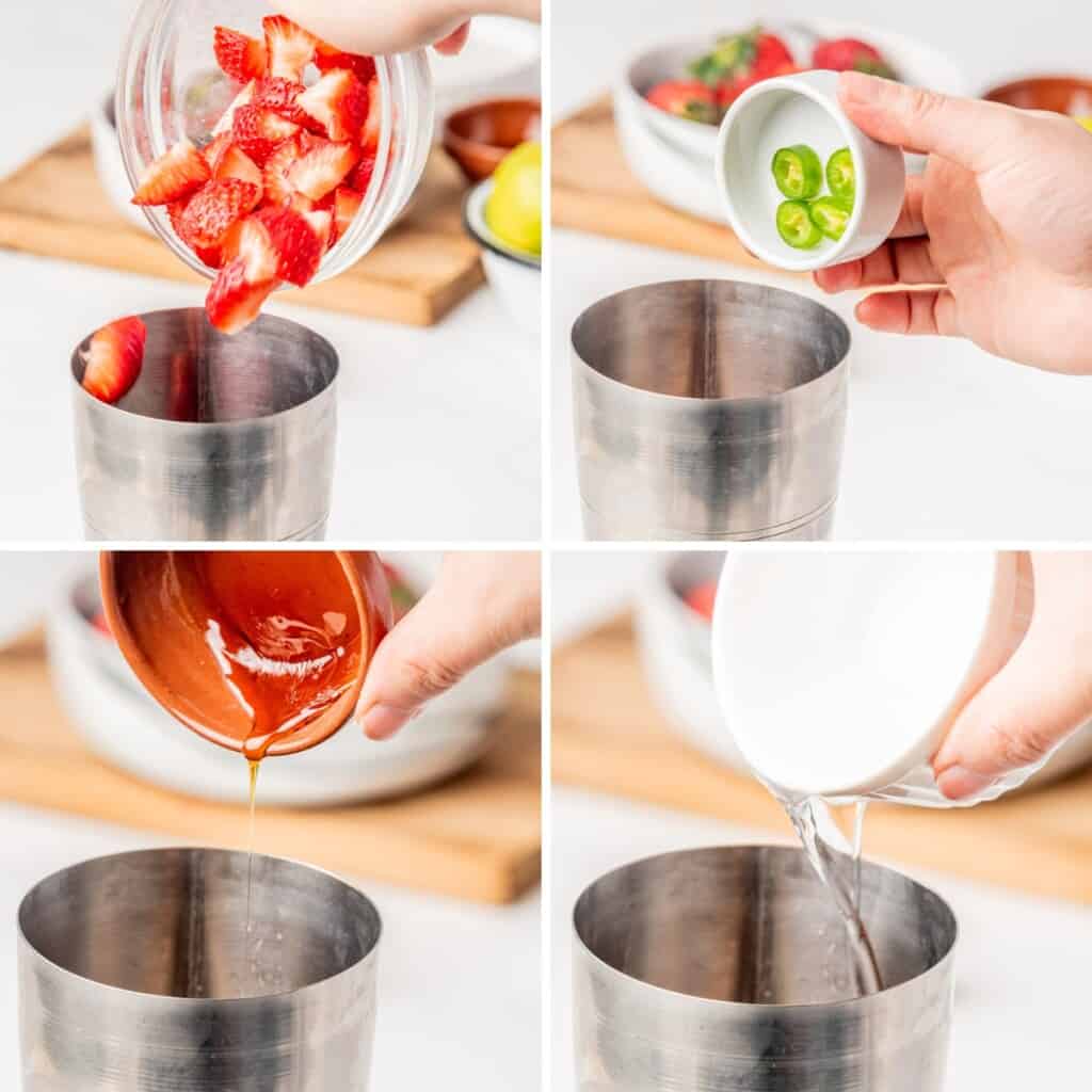 Strawberries, jalapenos, and more ingredients being placed inside a metal cocktail shaker.