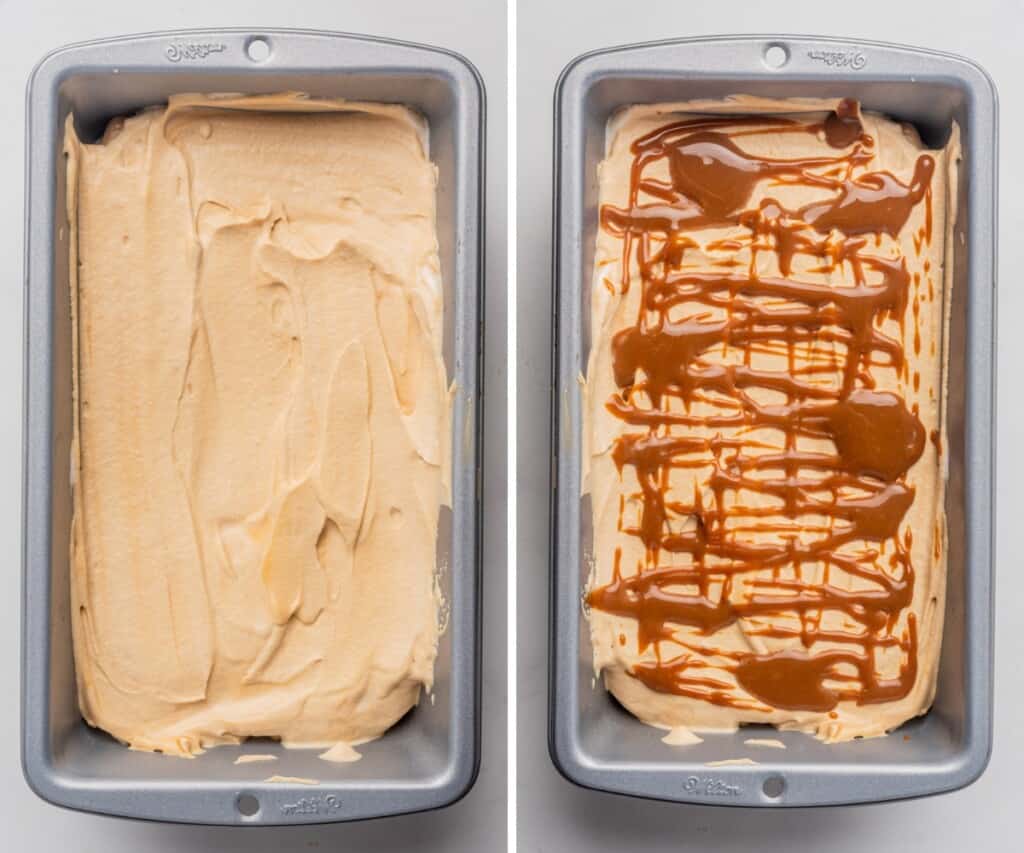 Ice cream mixture inside a baking dish and topped with dulce de leche.