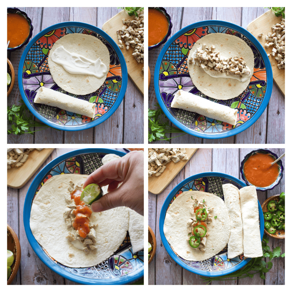 A collage showing how to assemble tacos arabes, or arab-style tacos.