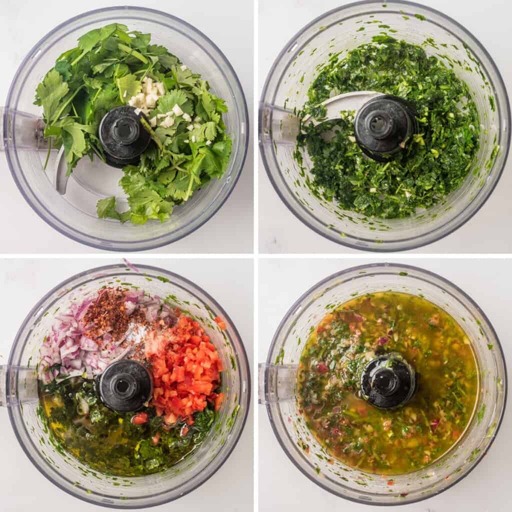 Parsley, garlic, and more fresh ingredients blending in a food processor.