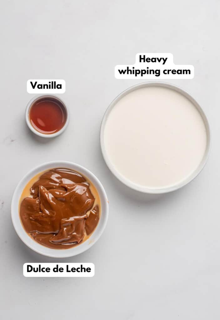 The ingredients needed to make the dessert labeled and sitting on a marble surface.