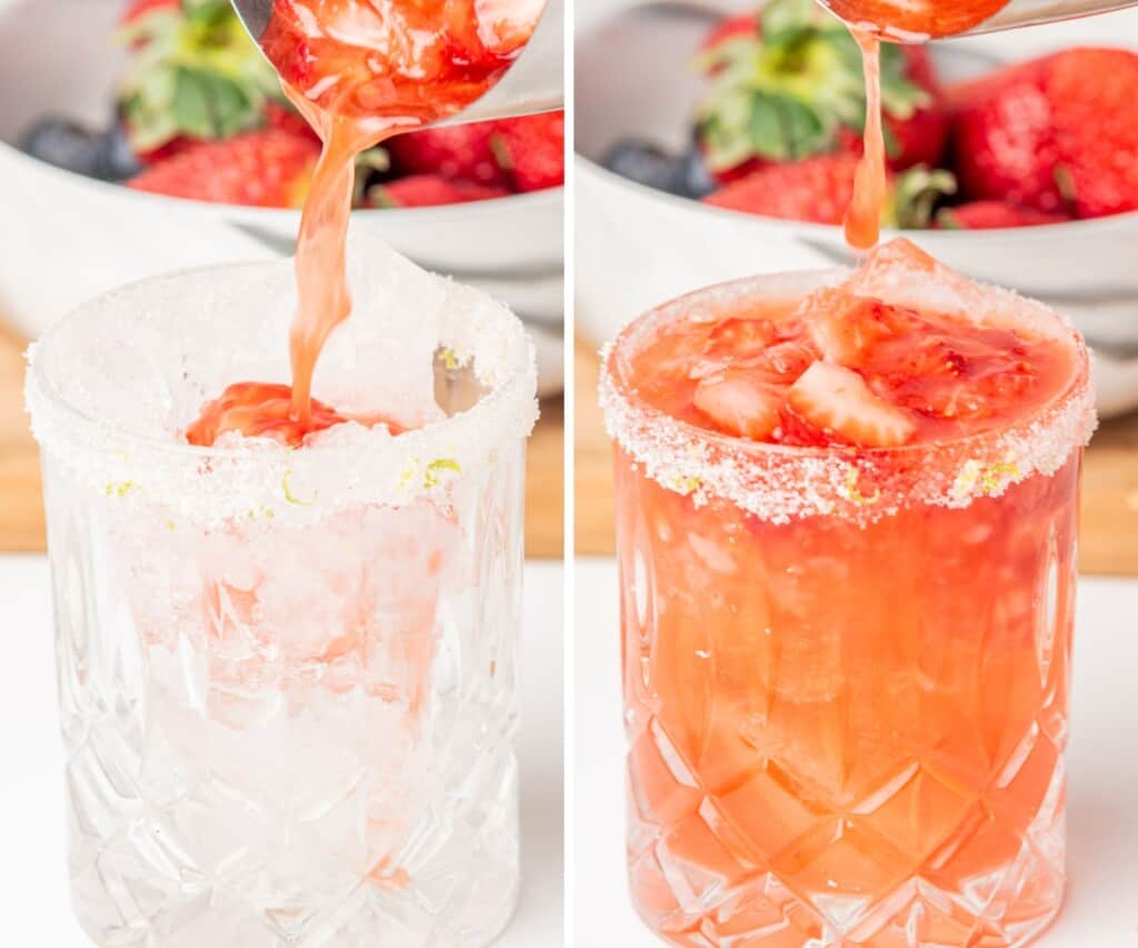 The spicy strawberry margarita being poured into a prepared glass.