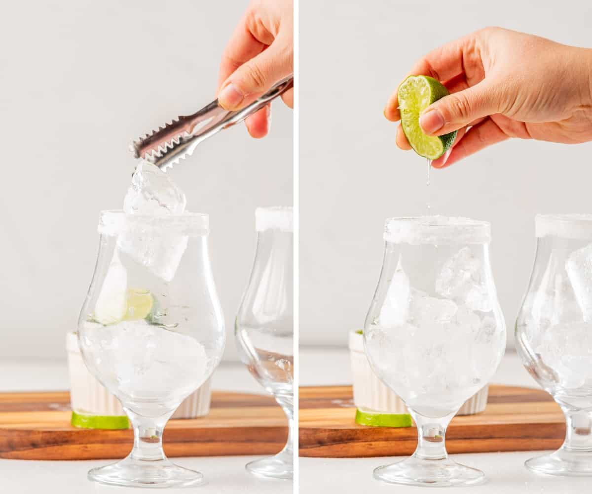 A hand squeezing lime and adding ice cubes to a glass.