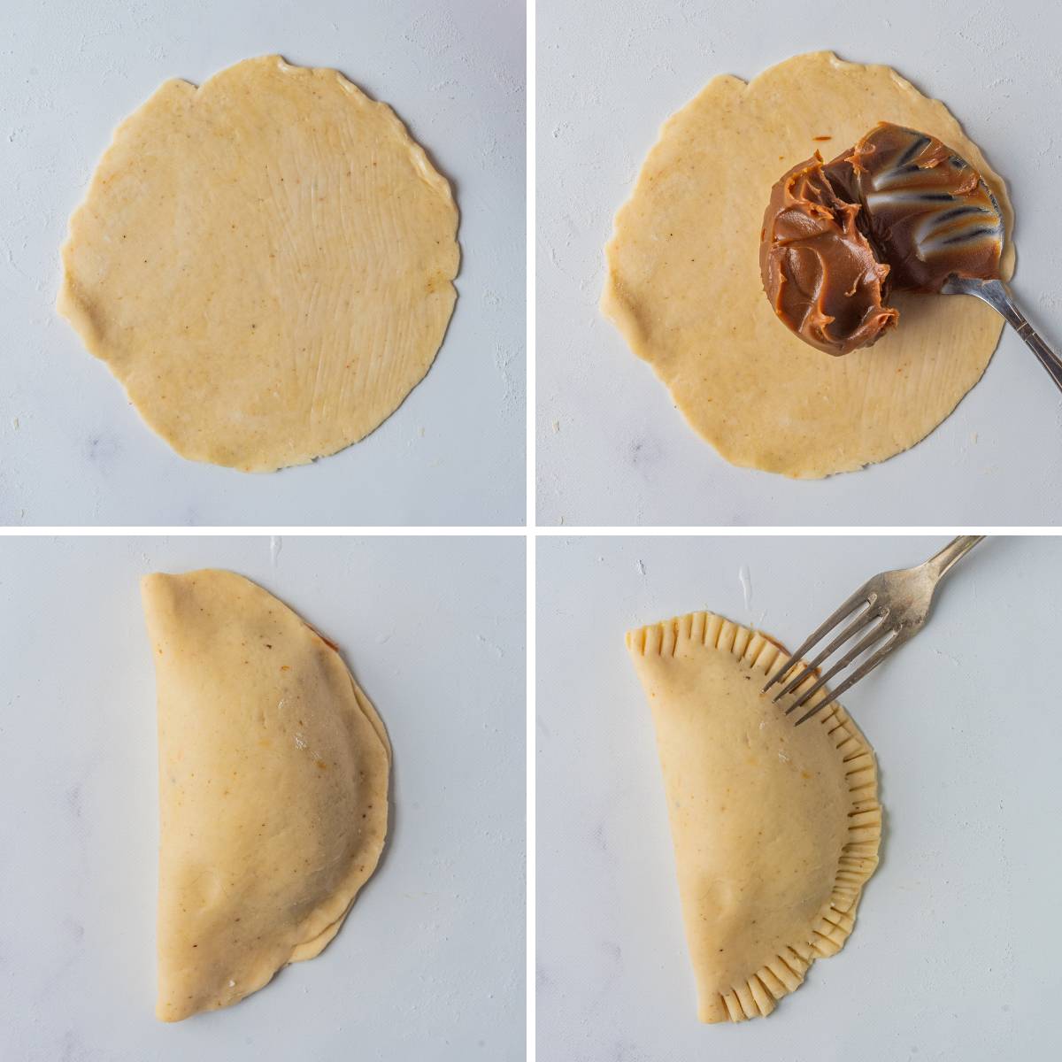 Adding the caramel to the dough disk and assembling the empanadas.
