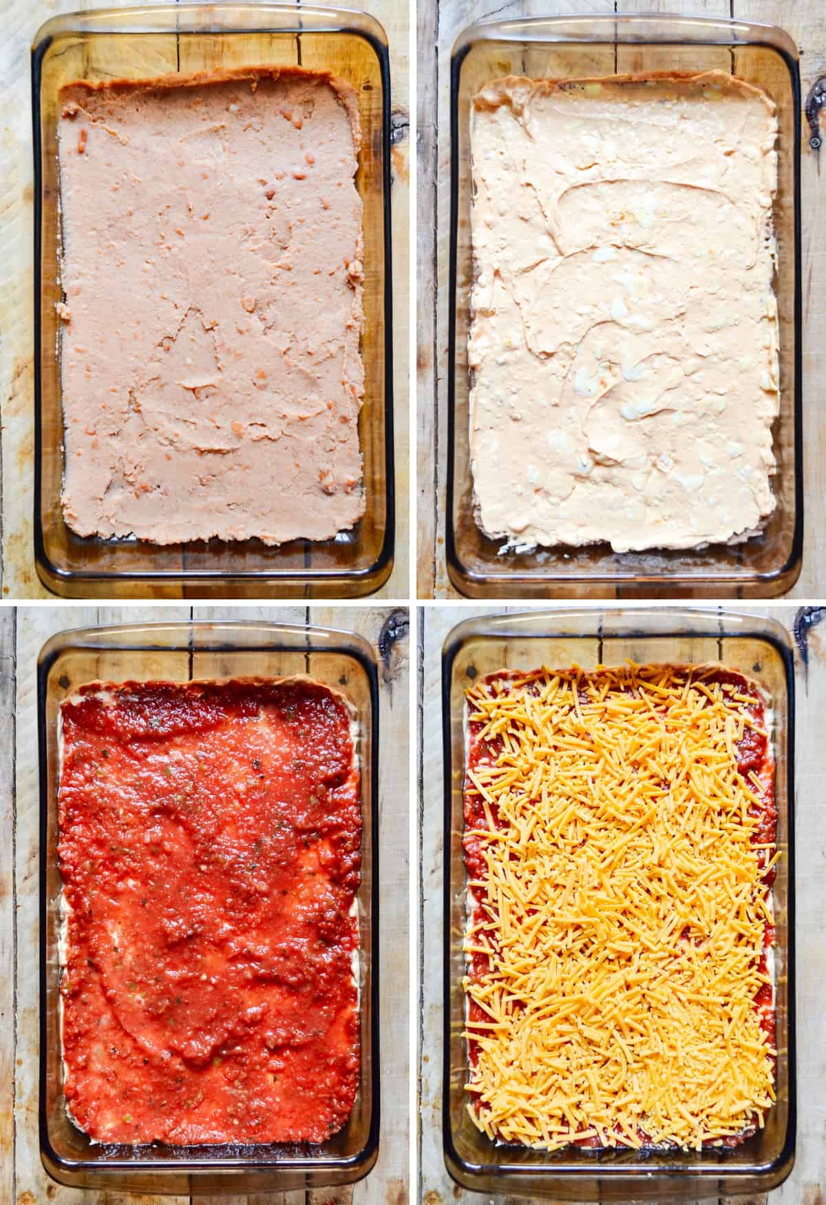 Assembling the layers of the dip in a baking dish.