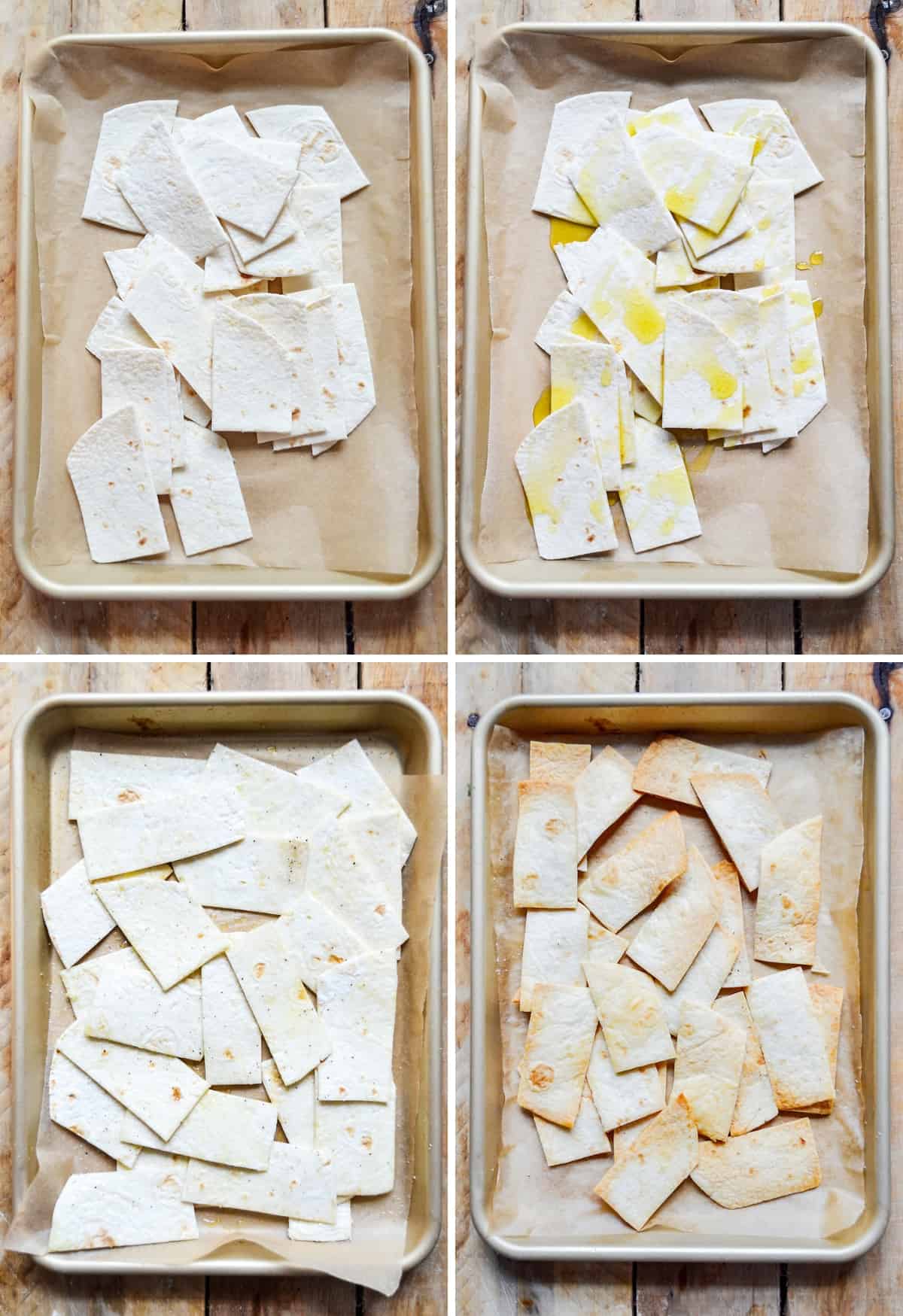 The flour tortilla strips baking in a sheet pan.
