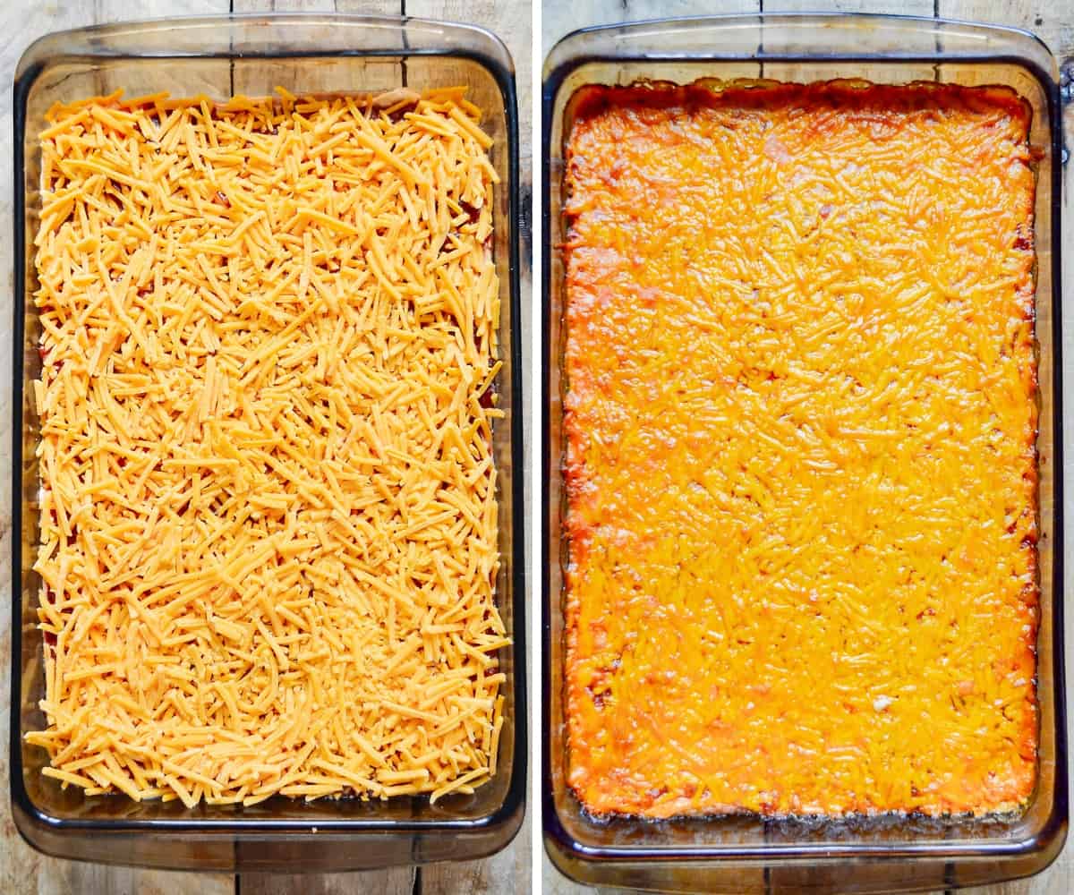The dip uncooked and a baked dip side by side.
