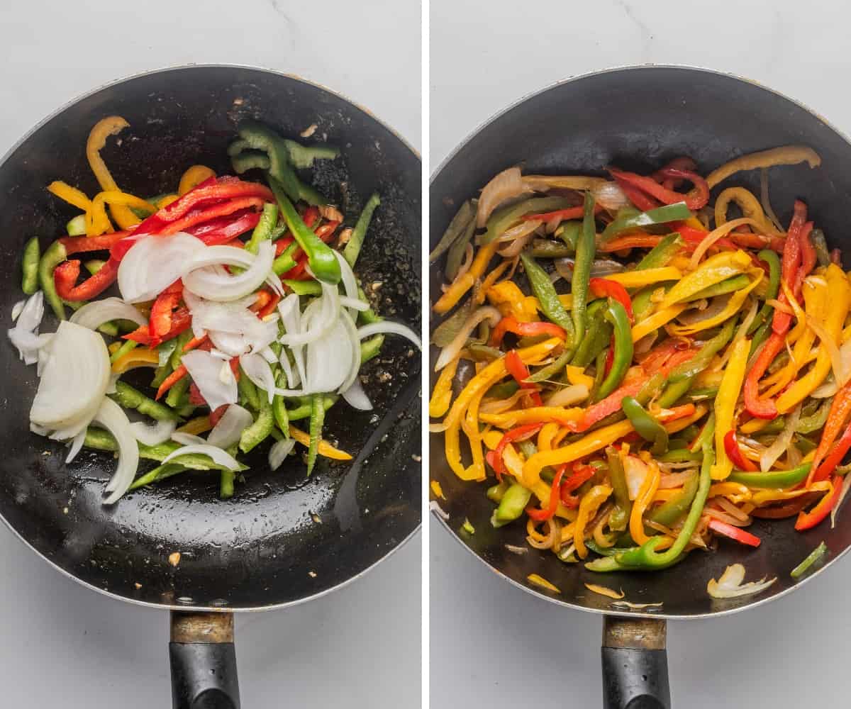 An assortment of pepper slices cooking in a skillet.