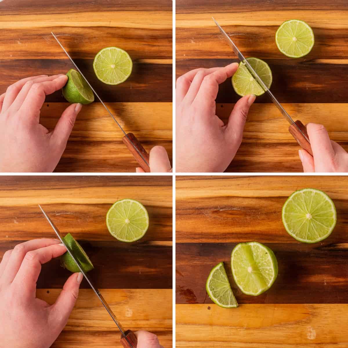 A hand and knife slicing limes.