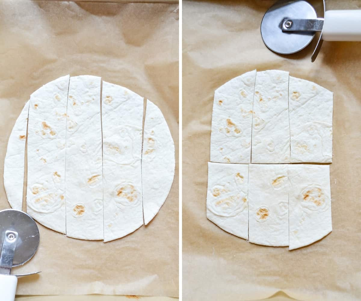 A flour tortilla cut into strips.