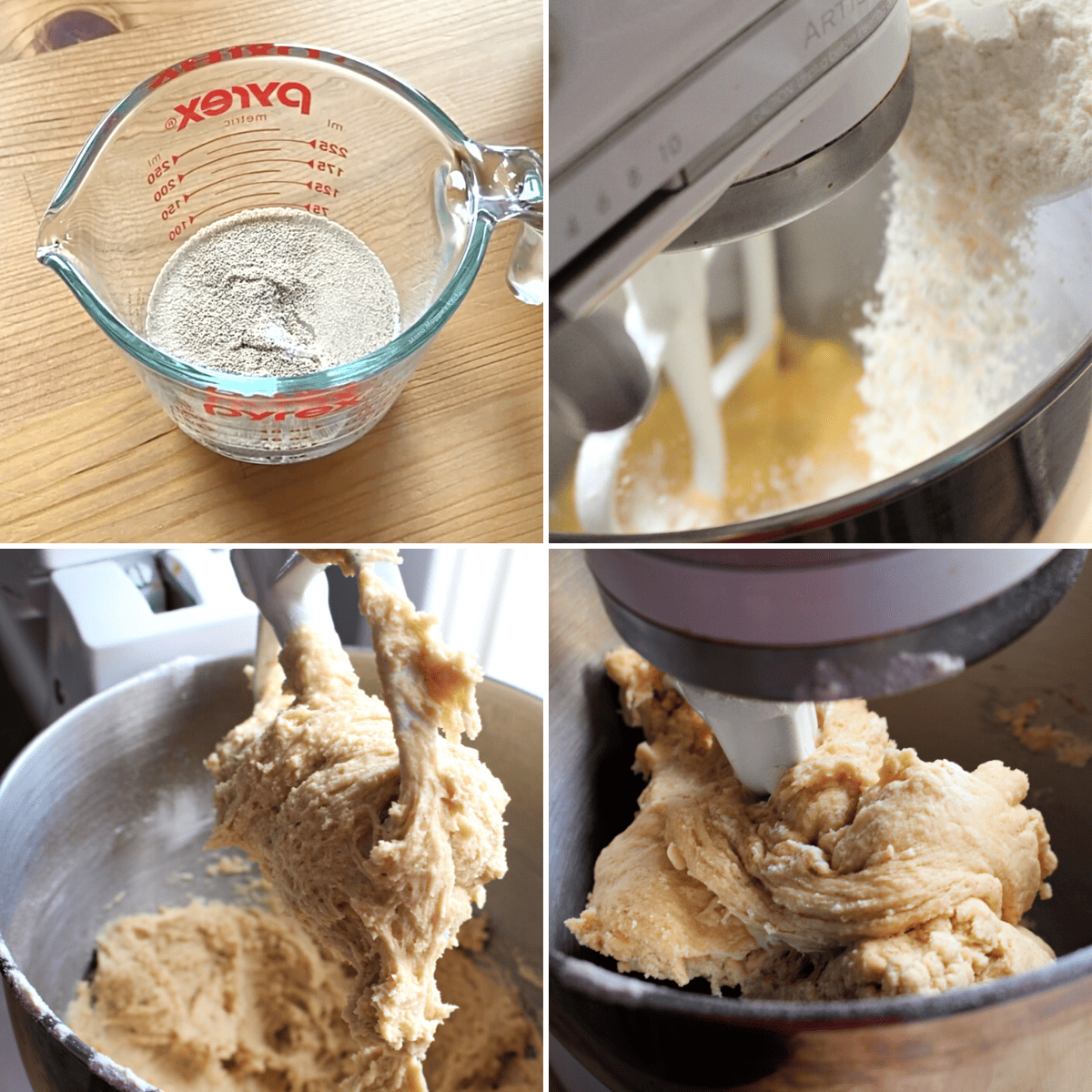 The bread dough mixing in a kitchen mixer.