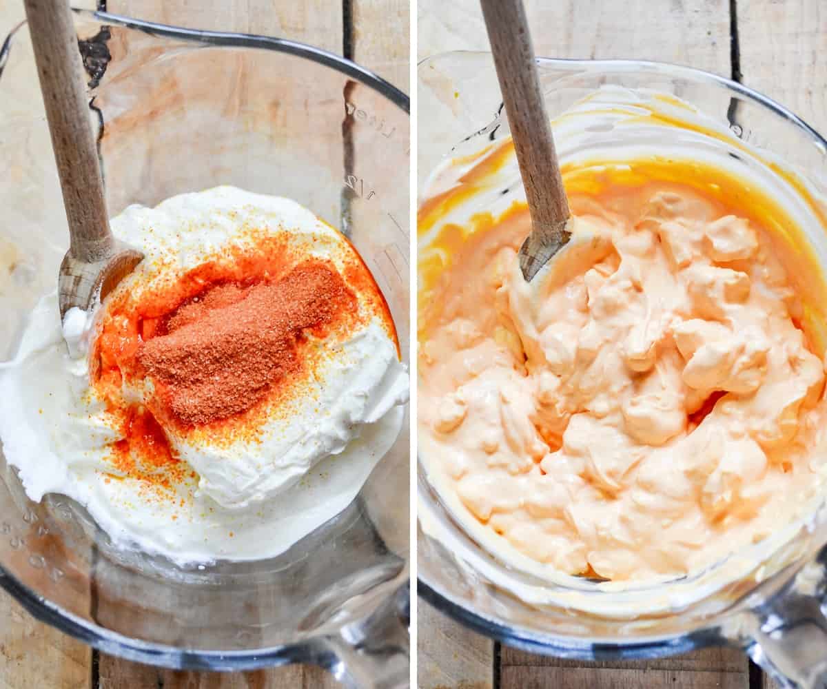 Cream cheese and other ingredients mixing in a glass bowl.