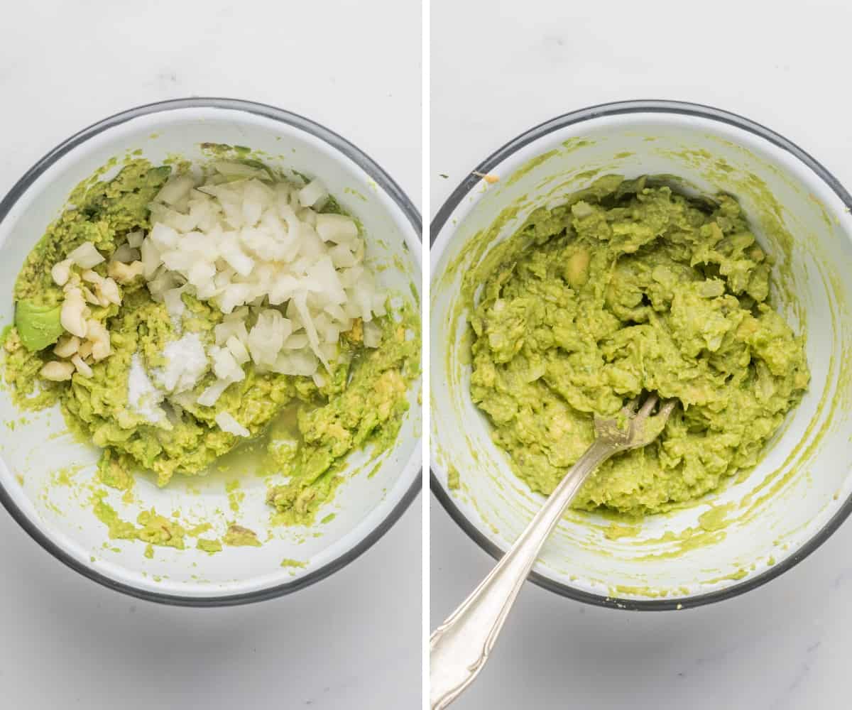 Mixing onion with mashed avocado with lime juice and salt.