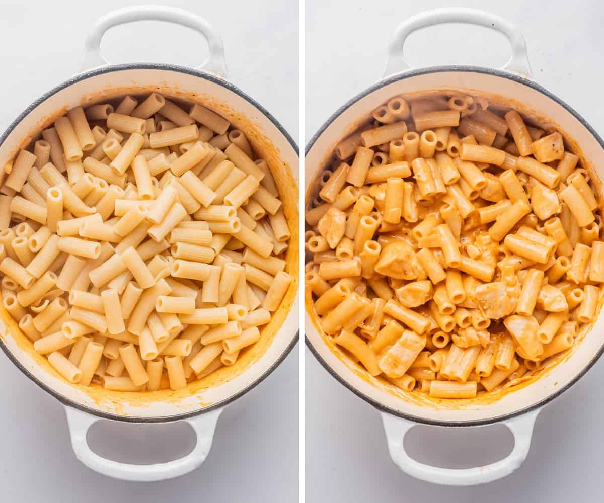 Cooked pasta in a stock pot.