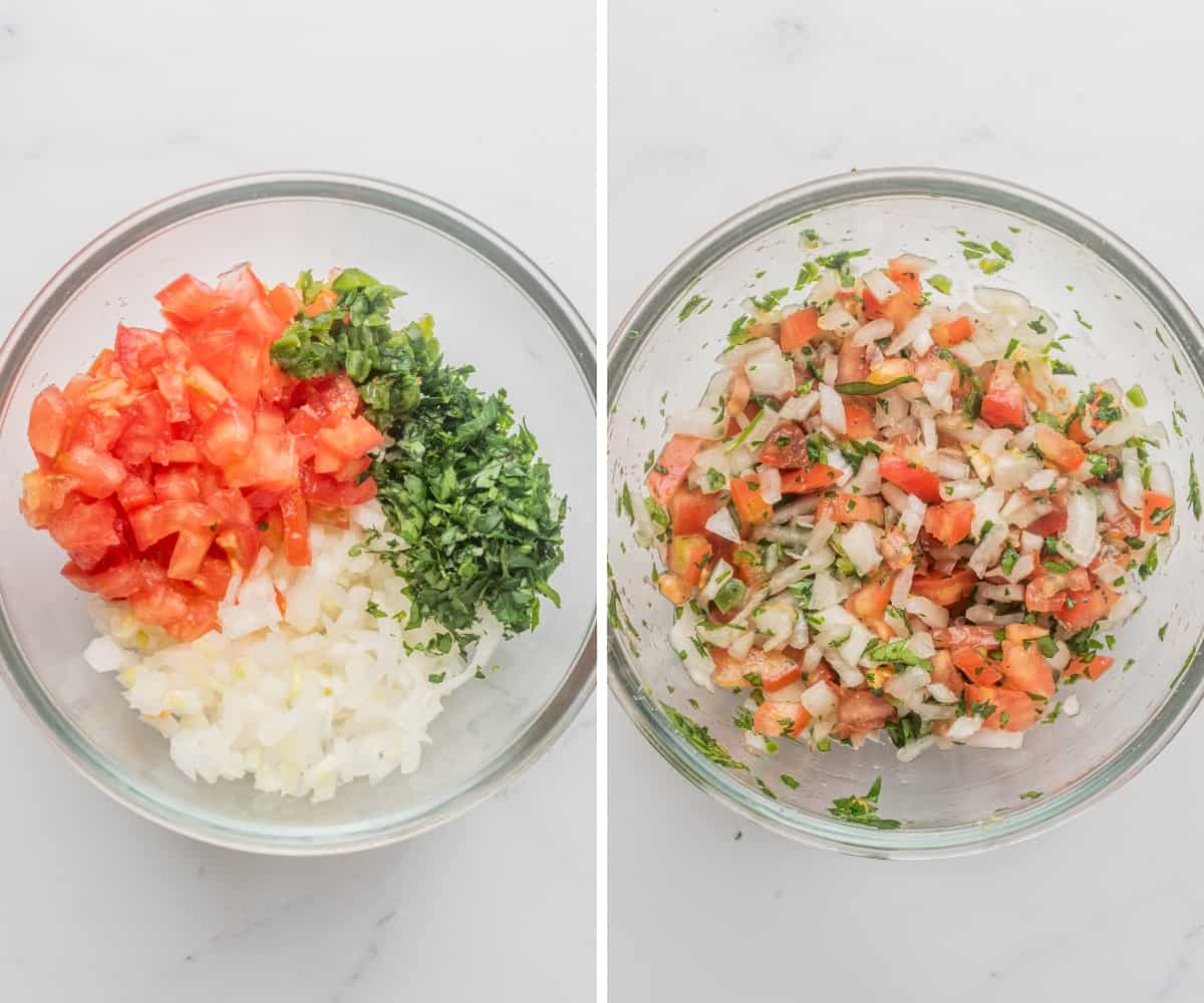 Mixing tomato, cilantro and onion ingredients with lime juice.
