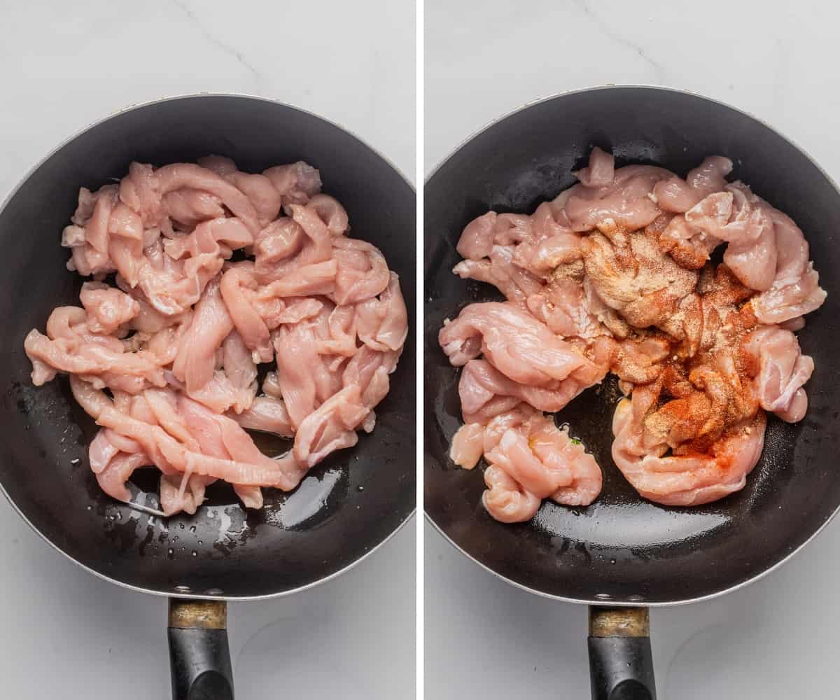 Raw chicken cooking in a metal skillet.