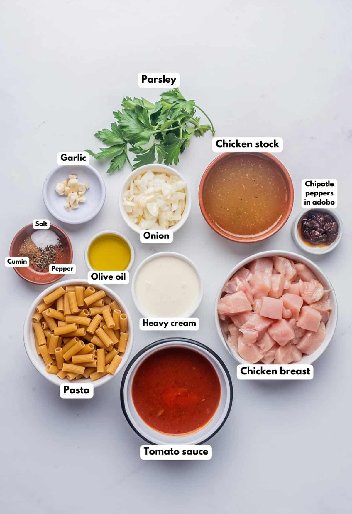 The ingredients needed to make the chicken dish.