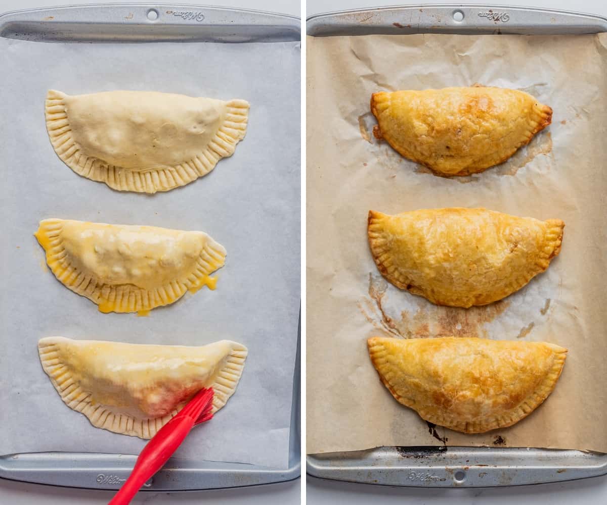 Raw and cooked empanadas on a baking sheet.