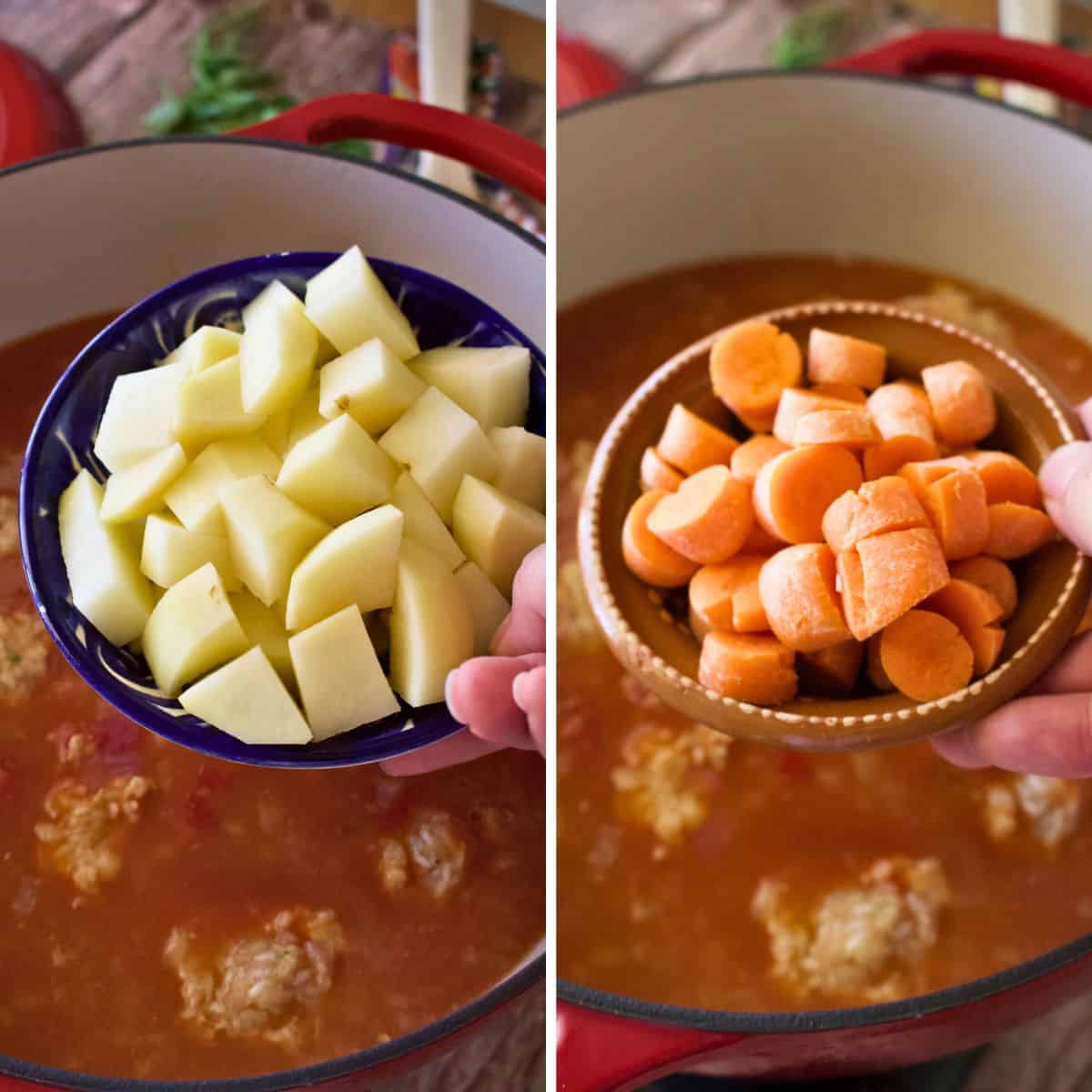 Carrots and potatoes being put in a stock pot.