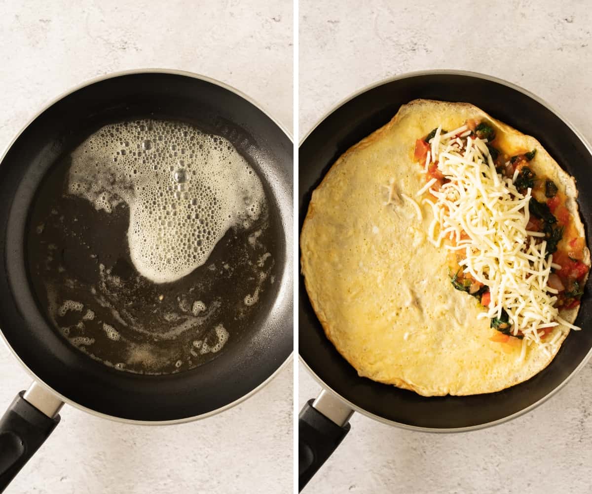 Cooking the omelette in a black skillet with melted butter.