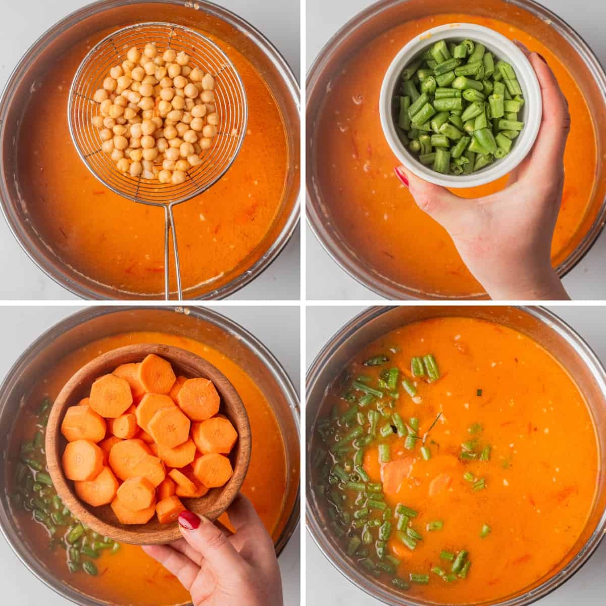Adding vegetables to a pot of soup.