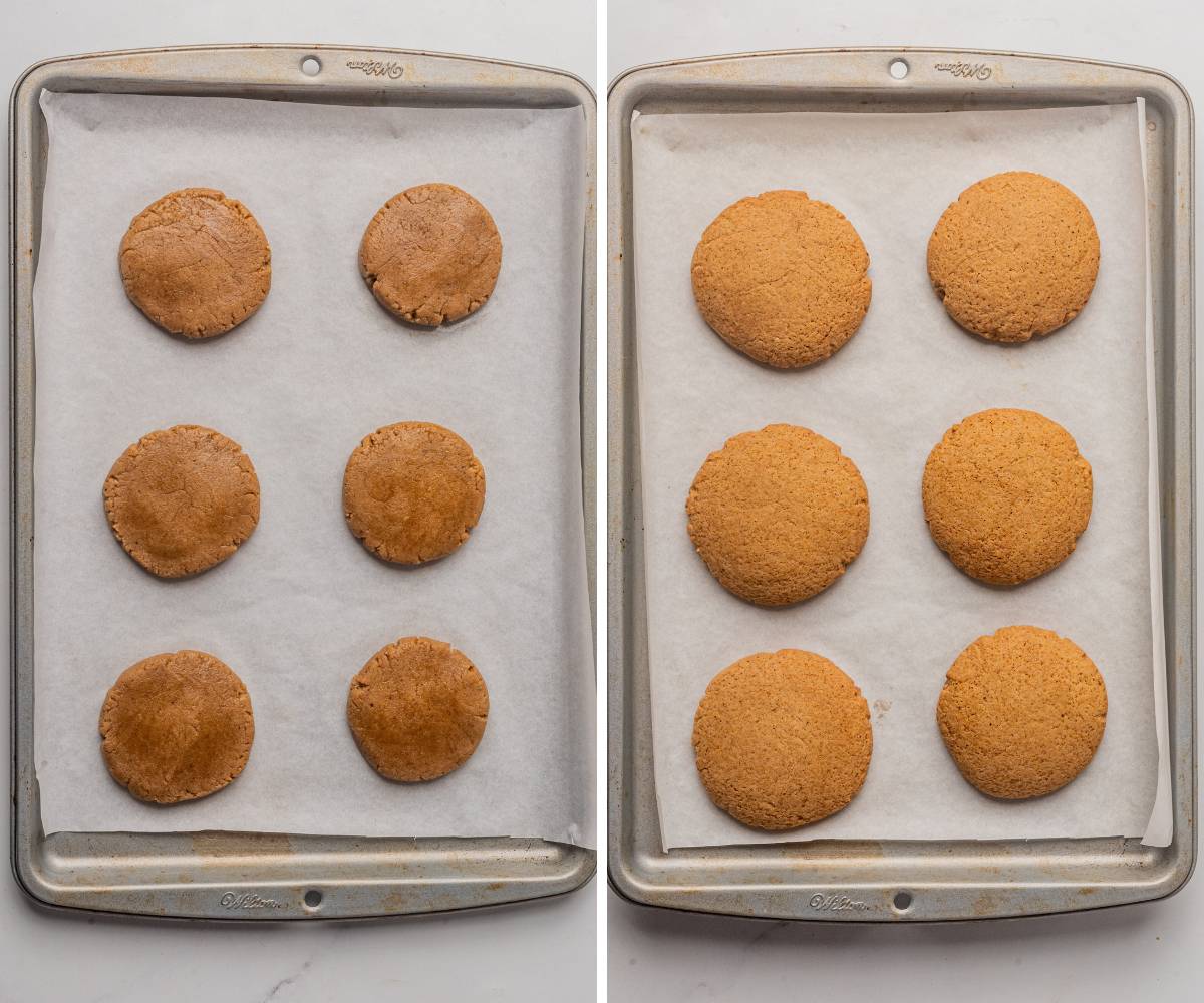 Baking cookies on a metal sheet pan.