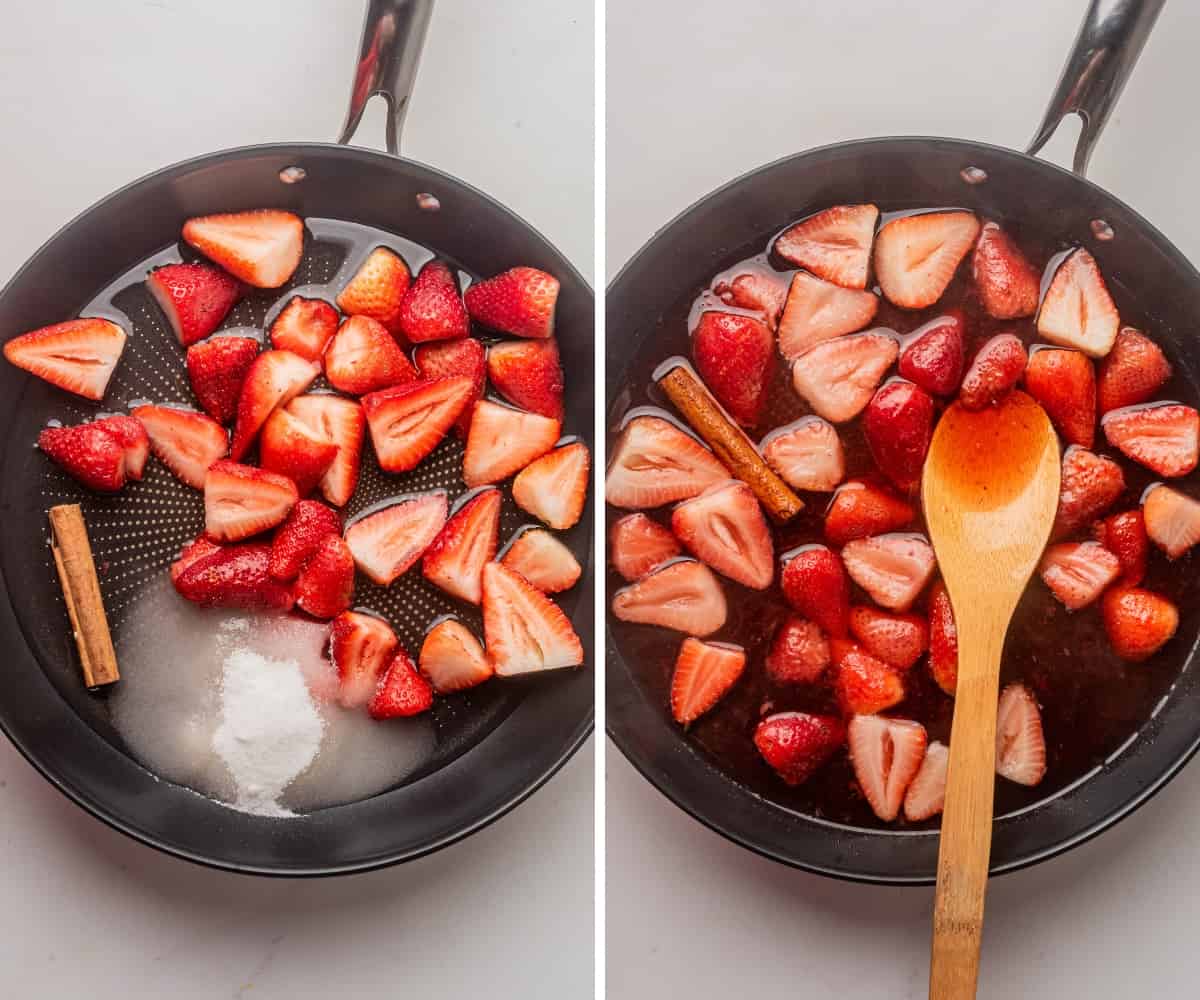 Fresh strawberries cooking in a black skillet.