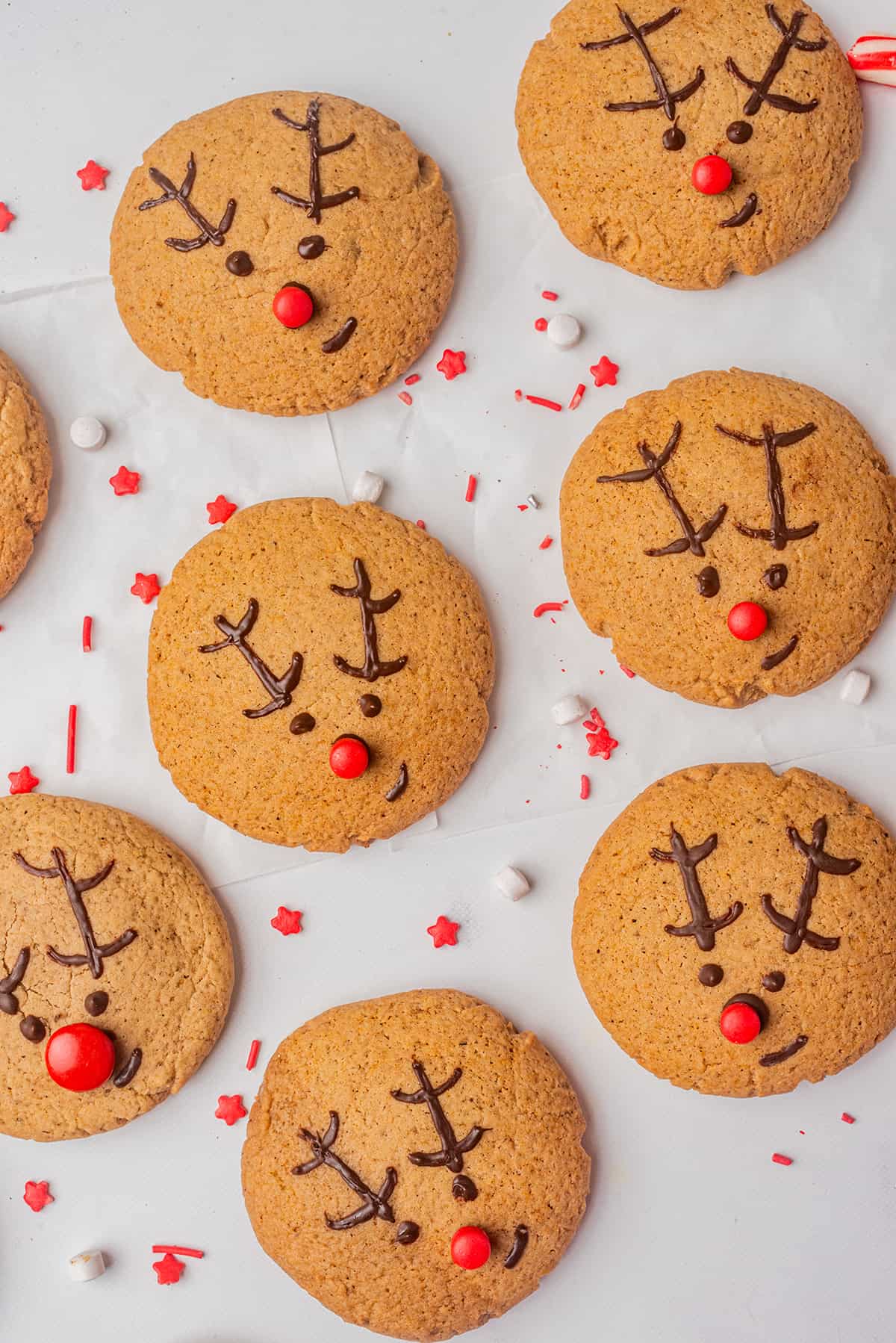 Decorated reindeer cookies sitting on a white surface.