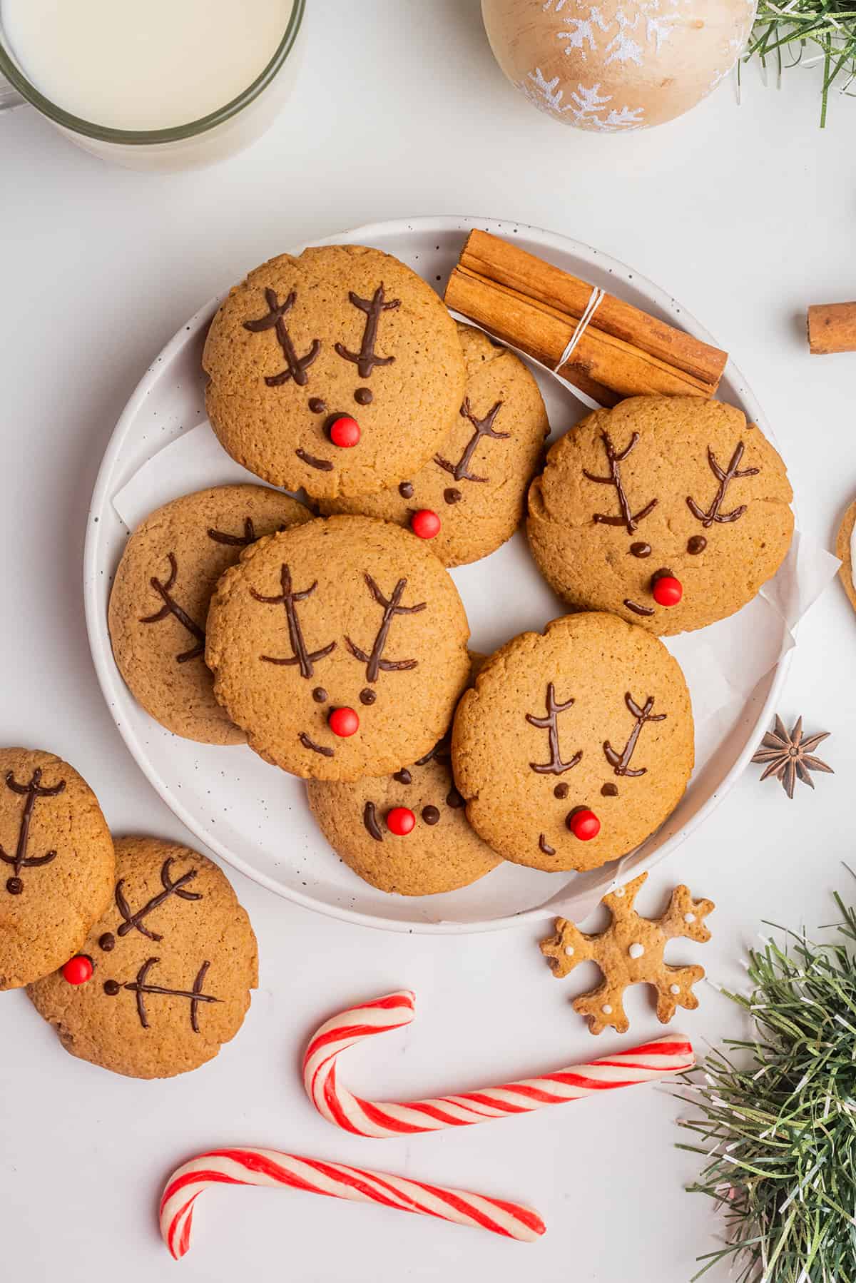 A plate of Gingerbread Reindeer Cookies next to candy canes and holiday decorations.