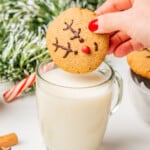 A hand holding a decorated gingerbread reindeer cookie over a glass of milk.
