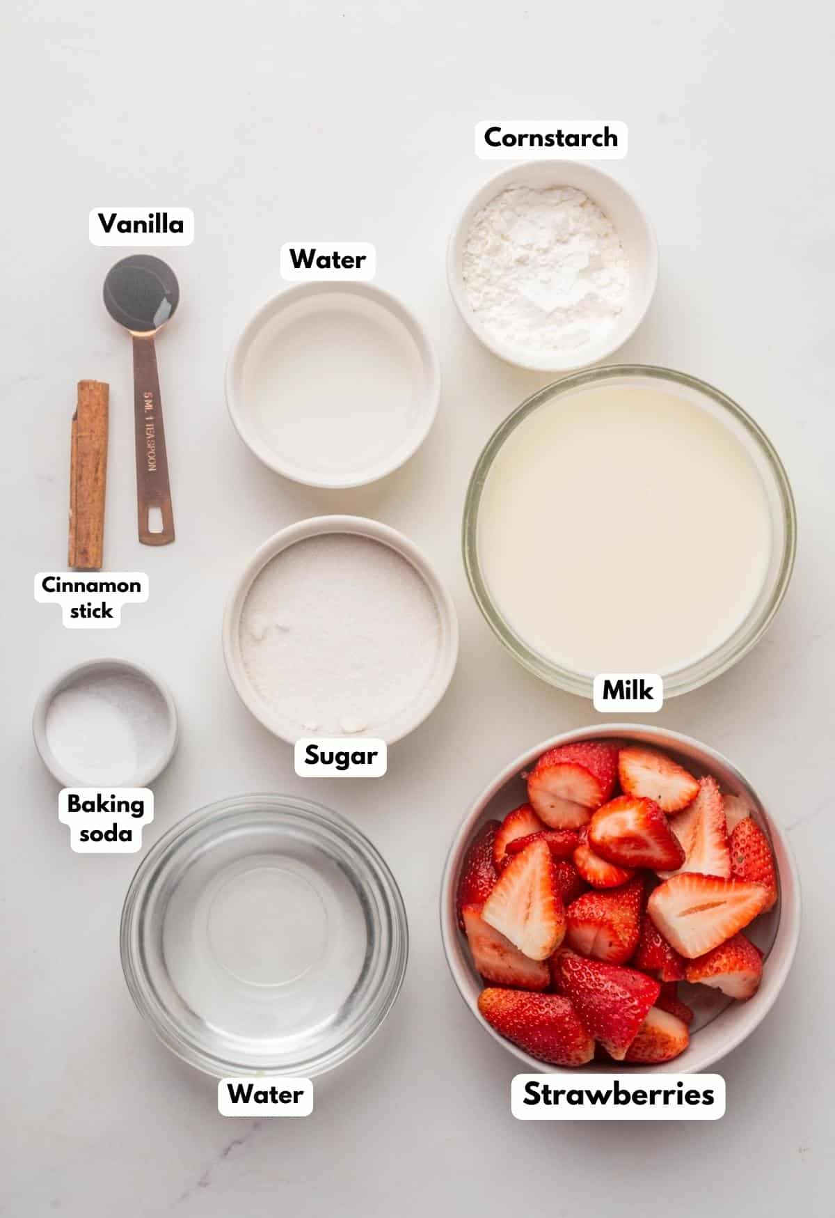 The ingredients needed to make the strawberry drink.